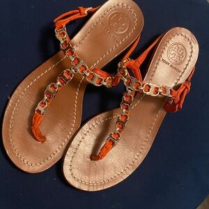 Tory Burch Orange Leather Chain T-Strap Sandals with Logo Medallion